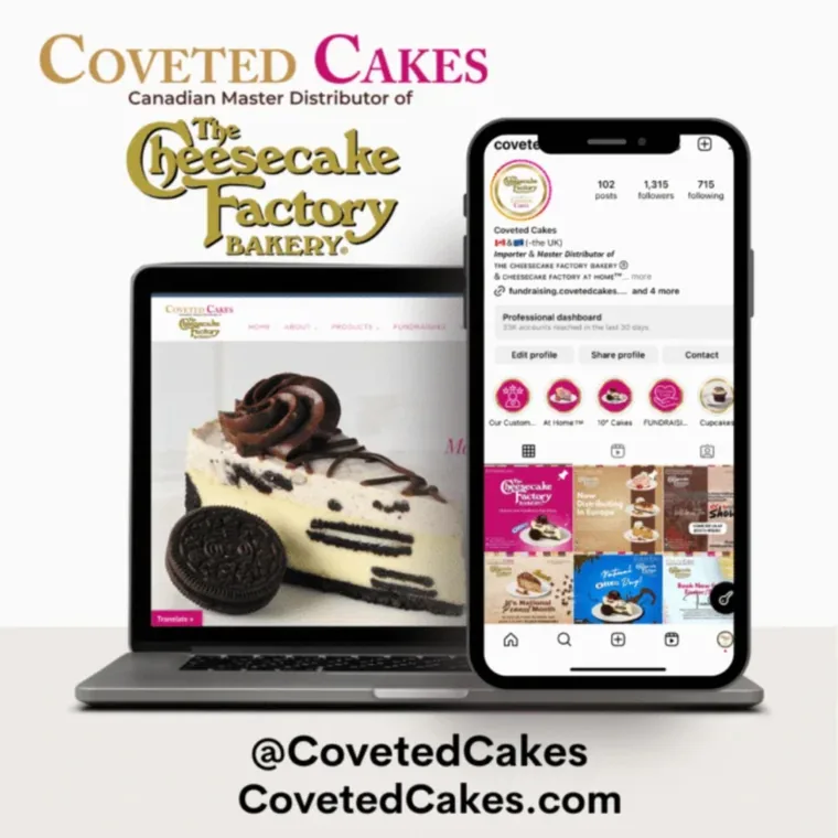 Coveted Cakes website and social media on laptop and phone