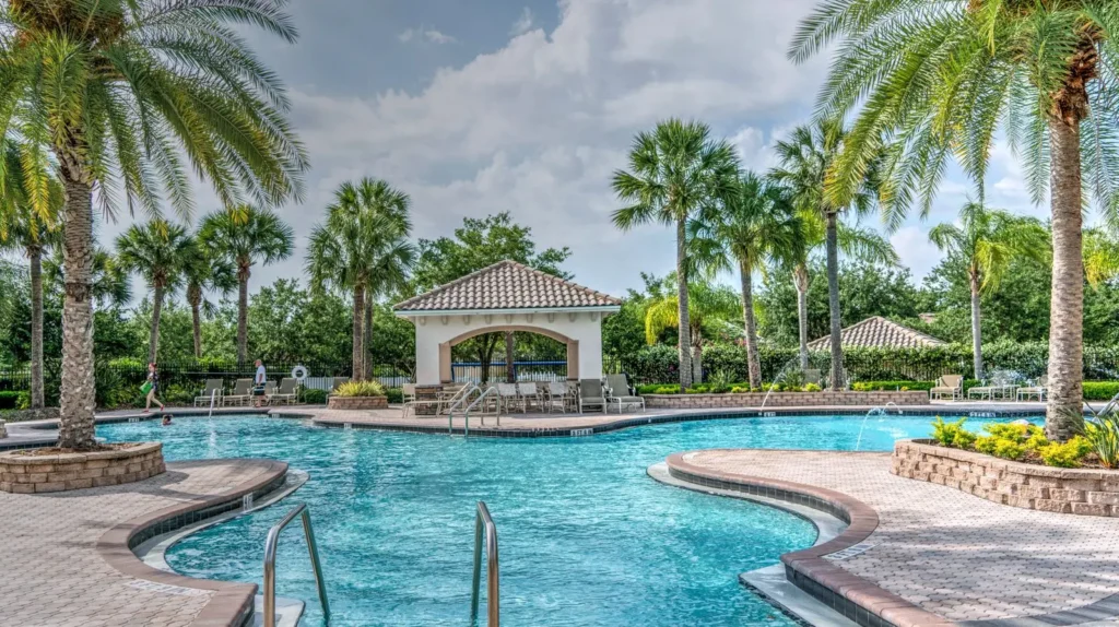 Palm tree planted near pool