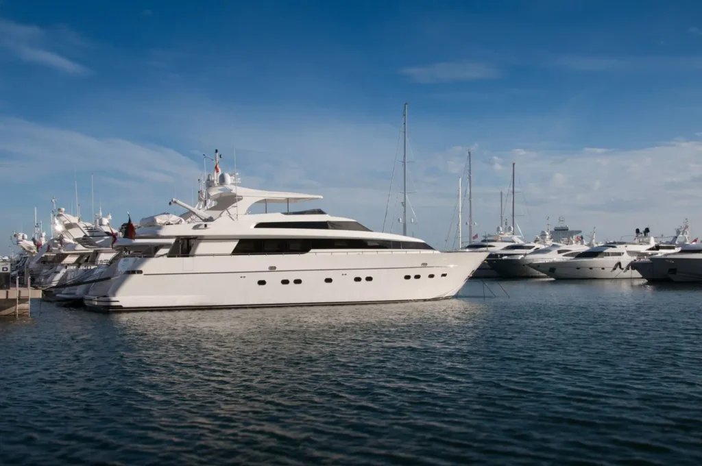 White yachts in shipyard
