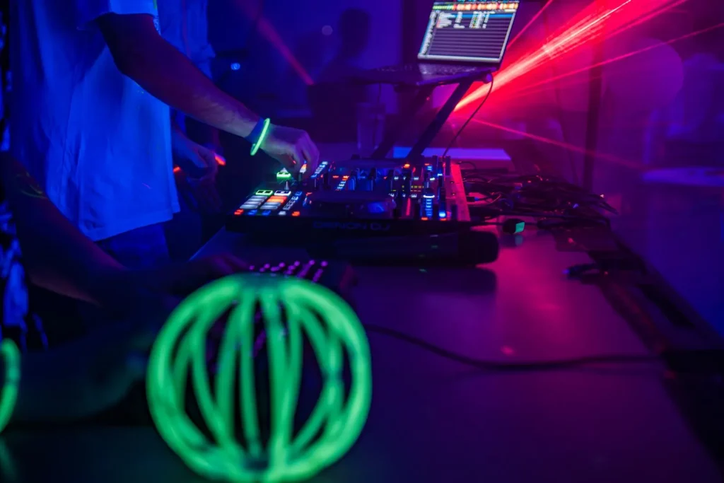 Nightclub with dj music and neon
